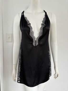 Victoria's Secret Black Satin Lace-Trim Chemise